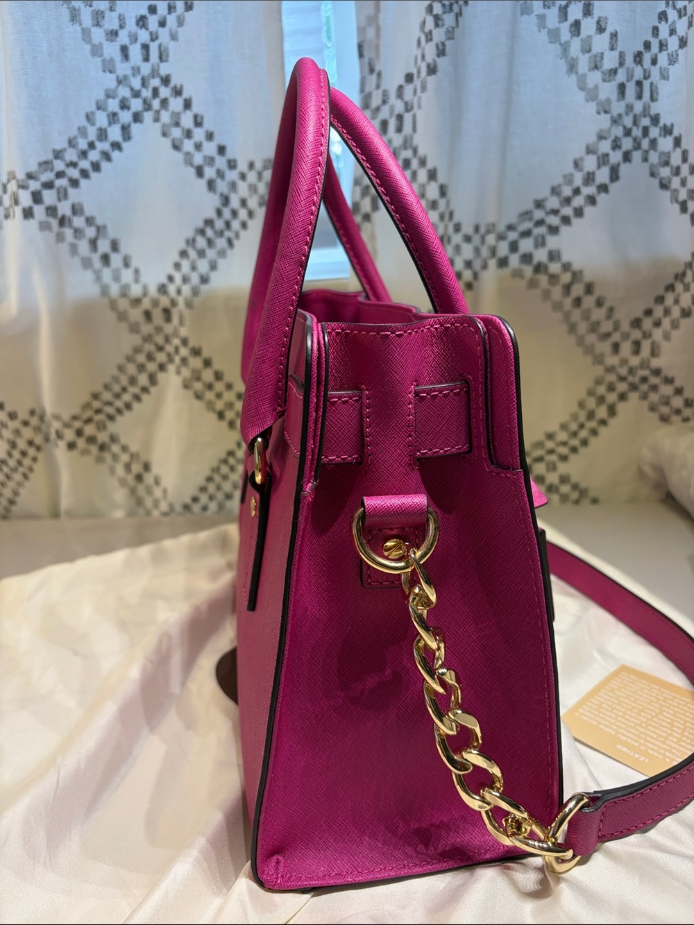 Michael Kors Fuchsia Purple Hamilton Saffiano Leather Satchel with Gold Hardware - Picture 4 of 10